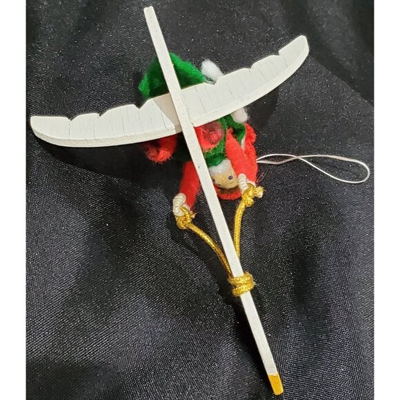 ELF RIDING FLYING GOOSE Christmas Ornament wooden & fabric 5"long 3.5"high - Picture 7 of 7